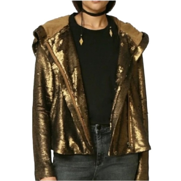 Free People Terracotta Bronze Sequined Hooded Jacket Size XS - Picture 3 of 10